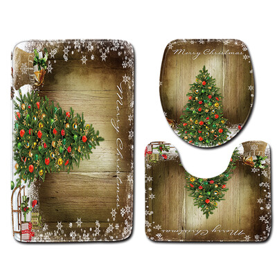 

3PcsSet Home Bathroom Decor Christmas Elk & Tree Printed Non-Slip Floor Mat Bath Mat Pedestal Rug Lid Toilet Cover