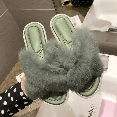 

Slippers women wear autumn&winter Korean version of 100 flat-bottomed cross hair mop a word lazy person cool drag