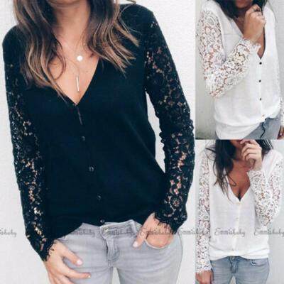 

Women Lace T Shirt V-Neck Long Sleeve Summer Casual Loose Tops Blouse -XL