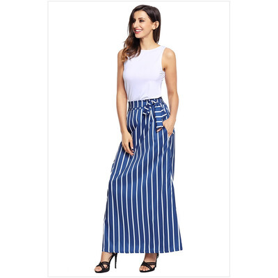

Multicolor Stripe Non-Removable Belt Bohemian Maxi Skirt 65037