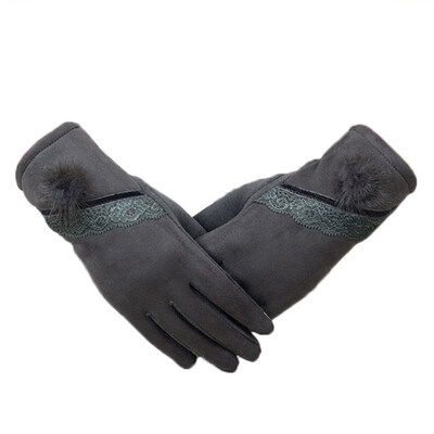 

Womens Autumn Winter Lace Floral Plush Ball Touch Screen Mitten Warm Gloves