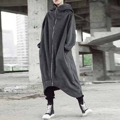 

Autumn Winter Womens Hooded Outwear Zipper Long Coats Velvet Loose Plus Size
