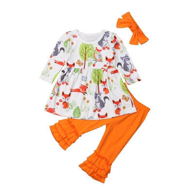 

Cute Baby Kids Girl Long Sleeve Fox Printed Tops Dress Pants Outfit Set 1-6Y