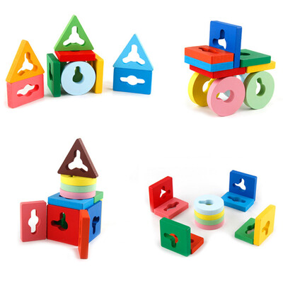 

YIWULA4 Columns Geometric Building Blocks Kids Children Educational Toys Wooden Toy