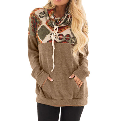 

Starmoon Womens Cowl Neck Printed Sweatshirt Patchwork Front Pocket Pullover Tops Blouse
