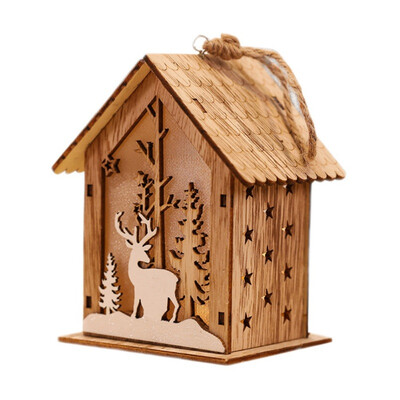 

Christmas Small Wooden House Ornament Led Light Up Xmas Tree Hanging Decoration Glowing Elk Santa Bell Design Mini Wood House