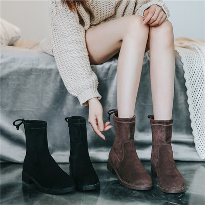 

Short tube elastic boots autumn&winter slim skinny Korean version of the thick with flat-bo