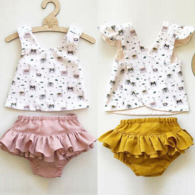 

US Stock Newborn Kid Baby Girl Outfits Set Alpaca Top Vest Ruffle Shorts Sunsuit