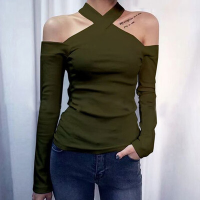 

Ladies Solid Color Vacation Tops Autumn Casual Slim Off Shoulder Blouse Plus Size Long Sleeve Temperament T Shirt