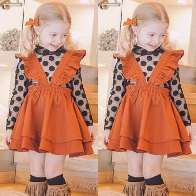 

UK Baby Girls Toddler Kids Polka Dot Clothes Lace Tops Suspender Dress Outfits