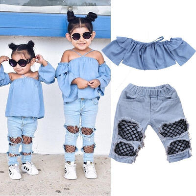 

Toddler Kids Baby Girls Off Shoulder Tops Denim Pants Hole Jeans Outfits Clothes