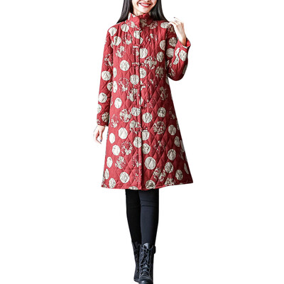 

Toponeto Women Winter Warm Flora Print Cotton Linen Coat Warm Long Jacket Overcoat