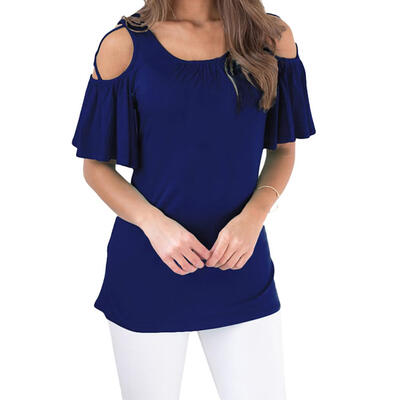

Women Solid Color T-shirts O-neck Pleated Cross Cold Shoulder Slim Tee Tops