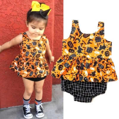 

Halloween Newborn Baby Girls Print Vest Top Dress Plaid Pants Outfit Set Clothes