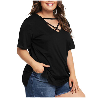 

Starmoon Fashion Women Plus Size V-Neck Solid Short Sleeve Lace Up Tops Tee