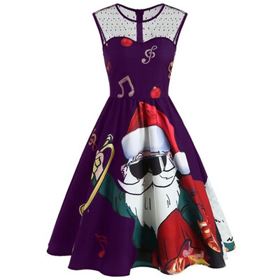 

Tailored Women Cold Shoulder Lace O-Neck Christmas Santa Claus Print Vintage Dress