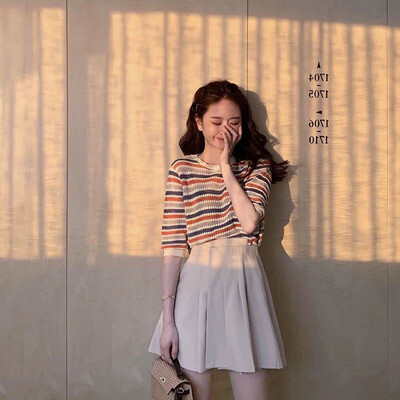 

Women Summer Fashion Sweet Casual All-match Colorful Striped Slim Fit Round Collar T-shirts