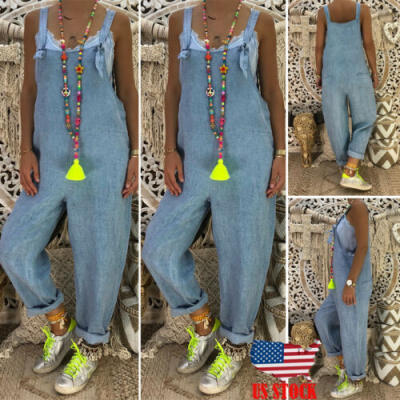 

Women Baggy One-Piece Jumpsuits Overalls Denim Jeans Bib Trousers Long Pants US