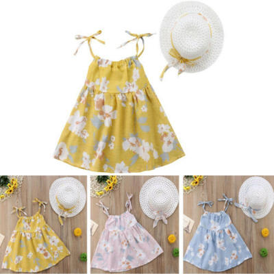 

2PCS Sets Baby Girl Toddler Summer Beach Floral Strap Sleeveless Dress Hat