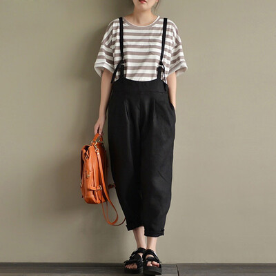 

Tailored Women Strap Overalls Pure Color Pockets Long Harem Pants Casual Cotton Trousers
