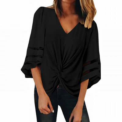 

Loose shirt Womens spring V-neck hollow half-sleeve top