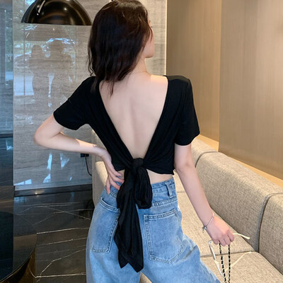 

Two Kinds Of Wearing Type Summer Solid Color Womens Deep V Neck Unique Cross Wrap Sexy Slim Fit T-shirt
