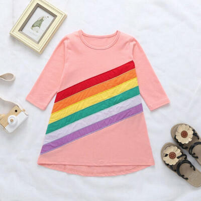 

US Stock Newborn Kid Baby Girls Dress Rainbow Floral Long Sleeve Blouse Sundress
