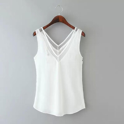 

New Fashion Women Vest Chiffon V Neck wtih Mesh Trim Sleeveless Solid Sexy Blouse Tops BlackWhite