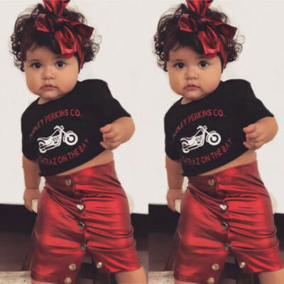

US Stock Kids Baby Girl Letter Crop T-shirt Tops PU Dress Skirt Outfit Clothes