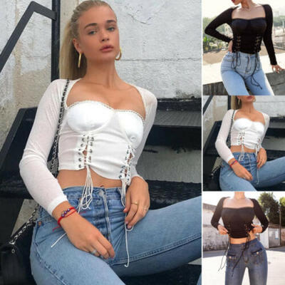 

US Sexy Women Lady Retro Punk Casual Lace-up Crop Top Long Sleeve T-Shirt Blouse