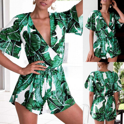 

Starmoon Women Deep V Bishop Sleeve Banana Printing Jumpsuits