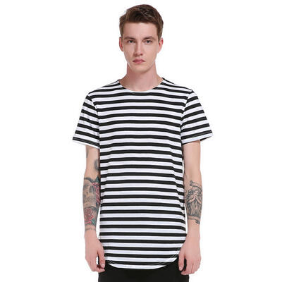 

Summer New Mens Casual Round Hem High Street Striped Long Mens T-shirt