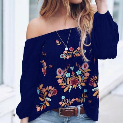 

US Vintage Women Casual T-shirt Flower Top Long Sleeve Off Shoulder Tee Blouse