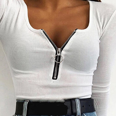 

Womens New Fashion Sexy Zipper V-neck Long sleeves Stretch Top Shirt