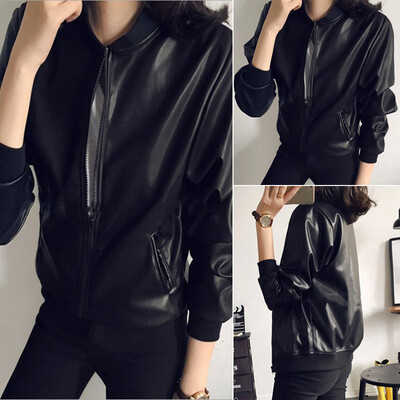 

Womens Retro Tops Cardigan Coat PU Leather Standing Collar Long Sleeve Jacket