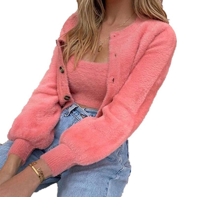 

Women Fashion Coat Two Piece Long Sleeve Cardigan&Spaghetti Strap Tops Fluffy Soft Winter Warm Set