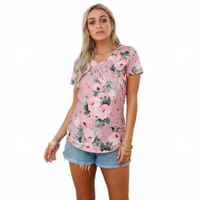 

V-neck short-sleeved floral print casual straight T-shirt top
