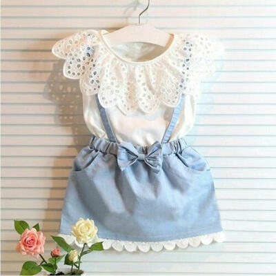 

UK Kids Baby Girls Summer Outfits Clothes Lace Floral T-shirt Tops Denim Dress