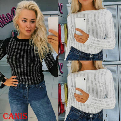 

US Womens Long Sleeve Blouse Fashion Beading Crew Neck Tops Casual T-shirt