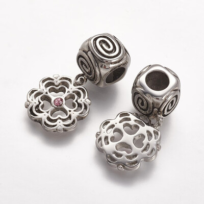 

304 Stainless Steel Dangle Beads with Rhinestone Flower Large Hole Pendants Antique Silver Light Rose 285mm Hole 5mm