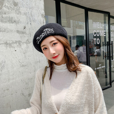 

Ms beret autumn&winter Korean embroidery Japanese British retro red bud hat plush painter hat wholesale