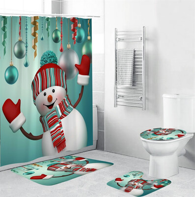 

Gobestart 4Pcs Christmas shower Curtain Bathroom Anti-slip Carpet Rug Toilet Cover Mat Set