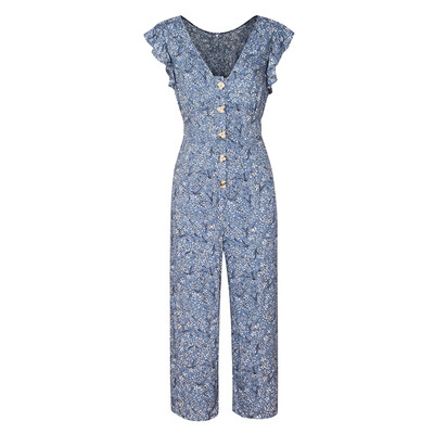 

Original Summer Floral Jumpsuit V-neck Lotus Leaf Sleeve Single-breasted Jumpsuit Wide-leg Pants