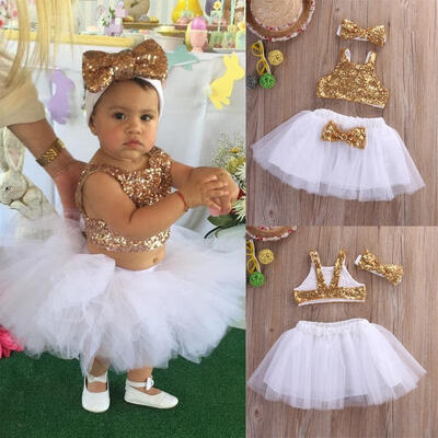 

Toddler Baby Girl Sequins TopsTutu Skirts Headband 3pcs Outfits Set Dress