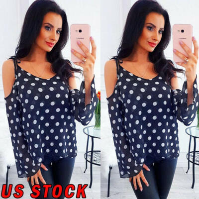 

New Women Cold Shoulder V-Neck Loose Polka Dot Tank Tops Casual Blouse Shirts US