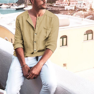 

Toponeto Mens Chest Pocket Solid Color Loose Comfy Long Sleeve Loose Casual Shirt Top