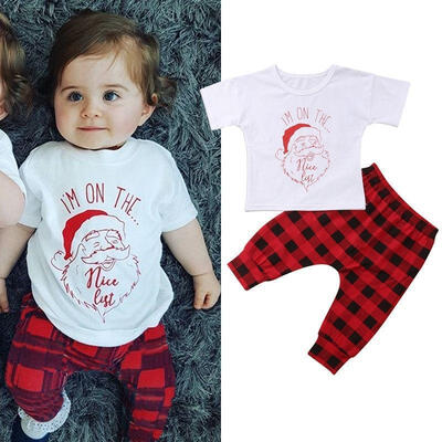 

Kids Baby Boy Girl Santa Claus Tops T-shirtChecks Long Pants Clothes
