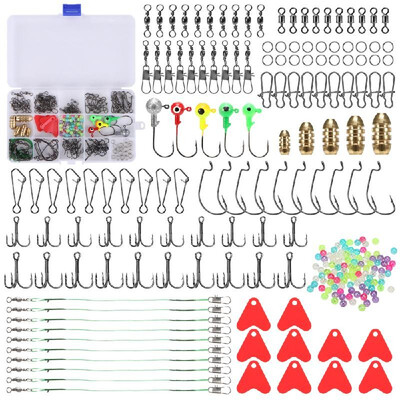 

230pcs Fishing Tackle Set Anti-tangle Rolling Swivels Fishing Connectors Snap Clips Treble Hooks Fishing Beads Accessories Kit wit
