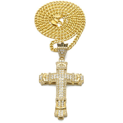 

2019 Jewelry 24K Gold 925 Silver Diamond Pendant Stainless Steel Cross Rhinestone Pendant Necklace Chain Cute
