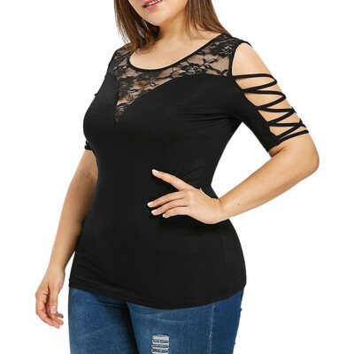 

Roseonmyhand Fashion Womens Plus Size Criss Cross Strapless Lace O-Neck T-shirt Tops Blouse